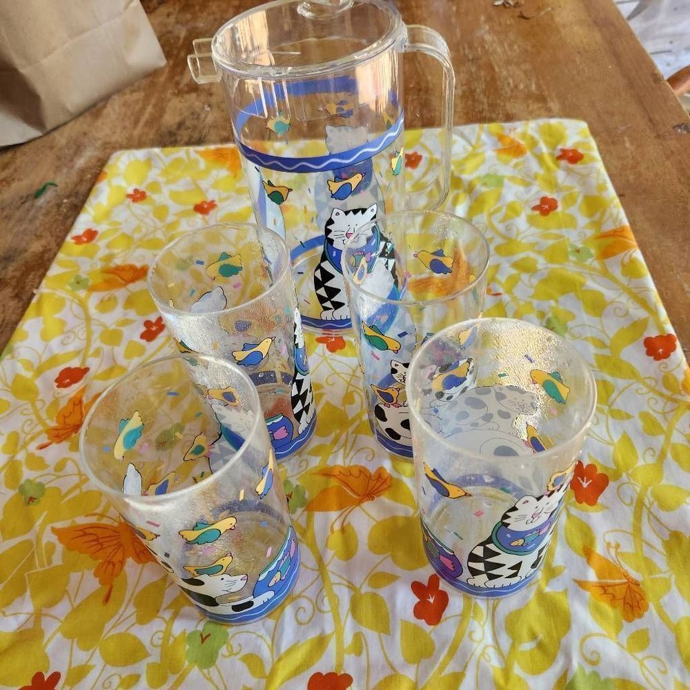 Coco Dowley Vintage 90's Cat Drinkware Pitcher & 4 Tumblers Plastic Rare